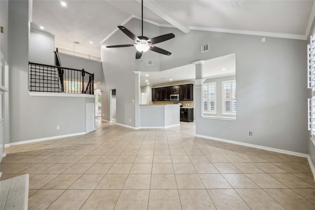 13614 Heath Spring Ct, Houston, TX 77044 - unfurnished living room featuring ceiling fan, light tile patterned flooring, stairway, beamed ceiling, and high vaulted ceiling