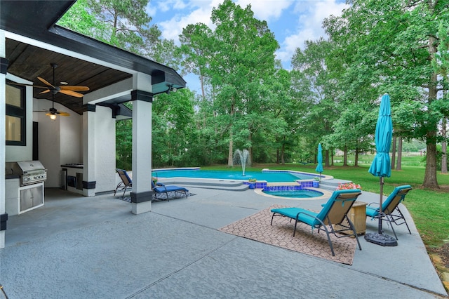 15471 Castlebrook Ct, Montgomery, TX 77316 - view of patio / terrace featuring grilling area, area for grilling, a ceiling fan, a pool with connected hot tub, and view of scattered trees