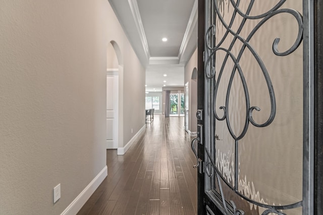 2037 Capriccio Dr, Spring, TX 77386 - corridor featuring baseboards, ornamental molding, dark wood finished floors, recessed lighting, and a textured wall