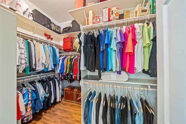 walk in closet with wood finished floors
