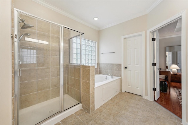 14402 Basalt Ln, Houston, TX 77077 - full bathroom with ornamental molding, a bath, a stall shower, tile patterned flooring, and recessed lighting