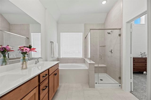 21106 Garden Palm Dr, Cypress, TX 77433 - bathroom featuring a shower stall, double vanity, a garden tub, and tile patterned floors