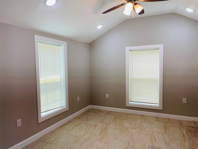 506 N Hackberry St, Sweeny, TX 77480 - unfurnished room with lofted ceiling, recessed lighting, a ceiling fan, light marble finish flooring, and baseboards