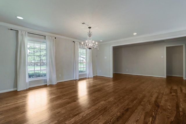 5215 Stillbrooke Dr, Houston, TX 77035 - unfurnished room featuring a chandelier, ornamental molding, dark wood-type flooring, baseboards, and recessed lighting
