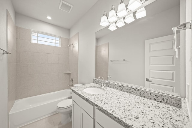 2906 Park Hill Ln, Stafford, TX 77477 - bathroom featuring toilet, bathtub / shower combination, vanity, recessed lighting, and tile patterned flooring