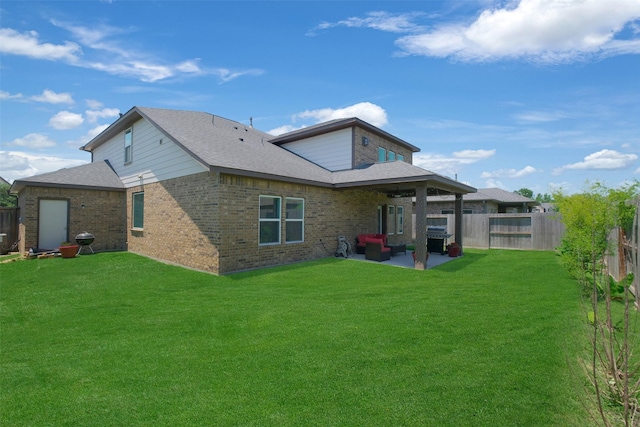 6323 Grand Summit Ct, Katy, TX 77494 - rear view of property with an outdoor living space, brick siding, a patio, and a shingled roof