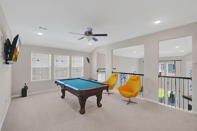6323 Grand Summit Ct, Katy, TX 77494 - recreation room with ceiling fan, carpet, pool table, plenty of natural light, and recessed lighting