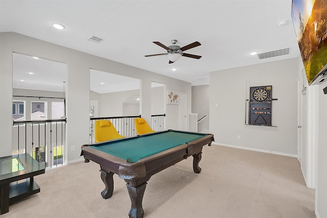 6323 Grand Summit Ct, Katy, TX 77494 - playroom with light colored carpet, ceiling fan, billiards, baseboards, and recessed lighting