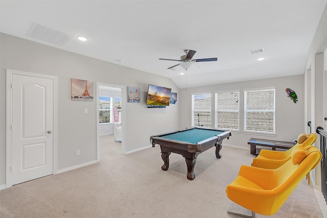 6323 Grand Summit Ct, Katy, TX 77494 - playroom with pool table, ceiling fan, light carpet, baseboards, and lofted ceiling