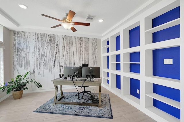 6323 Grand Summit Ct, Katy, TX 77494 - home office featuring a ceiling fan, built in features, an accent wall, recessed lighting, and plenty of natural light