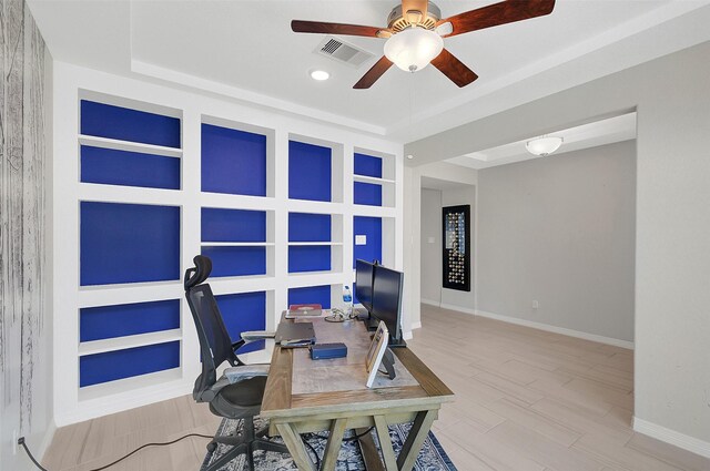 6323 Grand Summit Ct, Katy, TX 77494 - office area featuring a ceiling fan, baseboards, recessed lighting, wood finished floors, and a raised ceiling