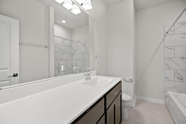 666 Cherry Tree Dr, La Marque, TX 77568 - bathroom with toilet, baseboards, vanity, and bathtub / shower combination