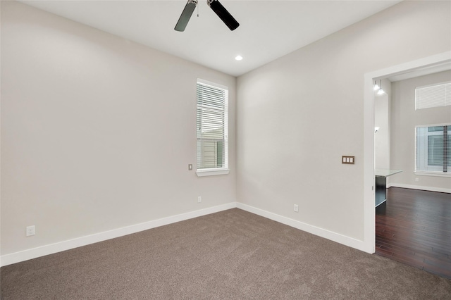 34 N Hutcheson St, Houston, TX 77003 - unfurnished room featuring a ceiling fan, dark colored carpet, baseboards, and recessed lighting