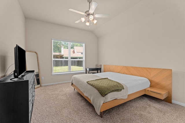 635 W Linnwood Dr, Woodbranch, TX 77357 - bedroom featuring light colored carpet, baseboards, ceiling fan, and vaulted ceiling