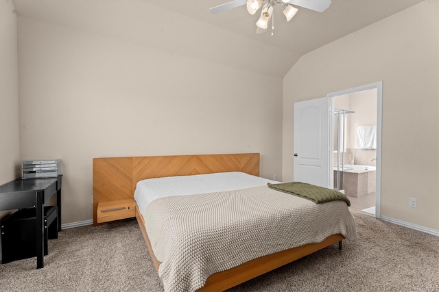 635 W Linnwood Dr, Woodbranch, TX 77357 - carpeted bedroom with baseboards, a ceiling fan, vaulted ceiling, and ensuite bath