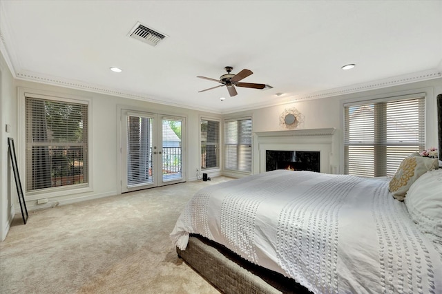 bedroom featuring access to exterior, ornamental molding, carpet flooring, ceiling fan, and recessed lighting