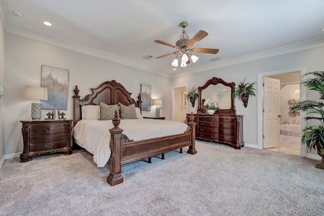 206 Greenbriar Ave, Friendswood, TX 77546 - carpeted bedroom featuring baseboards, crown molding, recessed lighting, connected bathroom, and a ceiling fan