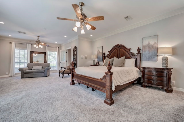 206 Greenbriar Ave, Friendswood, TX 77546 - carpeted bedroom with baseboards, recessed lighting, ornamental molding, and a ceiling fan