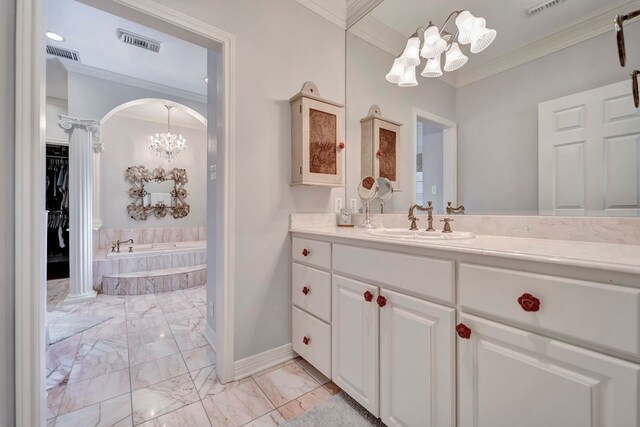 206 Greenbriar Ave, Friendswood, TX 77546 - bathroom with a chandelier, marble finish floors, ornamental molding, a garden tub, and vanity