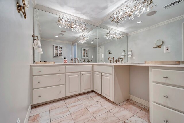 206 Greenbriar Ave, Friendswood, TX 77546 - bathroom featuring marble finish floors, a chandelier, recessed lighting, vanity, and crown molding
