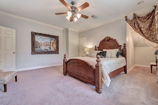 206 Greenbriar Ave, Friendswood, TX 77546 - carpeted bedroom with baseboards, ornamental molding, and a ceiling fan