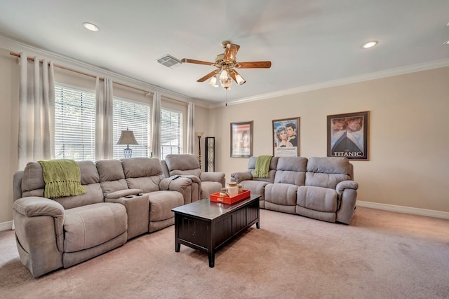 206 Greenbriar Ave, Friendswood, TX 77546 - living room featuring ceiling fan, light carpet, ornamental molding, baseboards, and recessed lighting