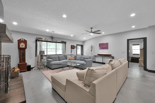 315 Cessna Rd, Trinity, TX 75862 - living room featuring recessed lighting, a ceiling fan, concrete floors, and a textured ceiling