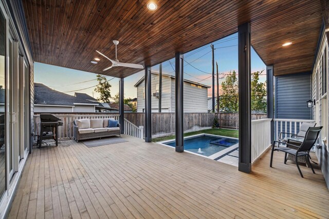 319 E 26th St, Houston, TX 77008 - wooden terrace with an outdoor living space, a fenced backyard, area for grilling, and ceiling fan