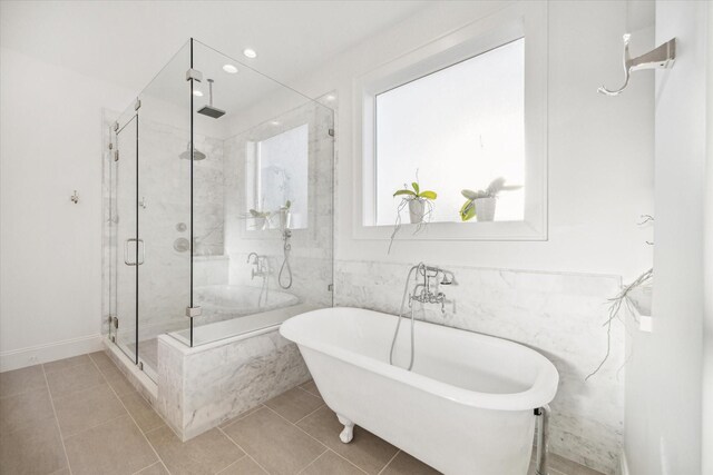 319 E 26th St, Houston, TX 77008 - bathroom featuring a freestanding tub, a shower stall, tile patterned floors, and recessed lighting