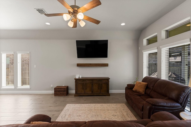 19419 Filly Chase Ct, Tomball, TX 77377 - living room with baseboards, wood finished floors, a ceiling fan, and recessed lighting
