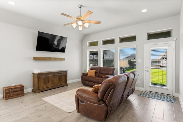 19419 Filly Chase Ct, Tomball, TX 77377 - living room featuring wood finished floors, ceiling fan, baseboards, and recessed lighting