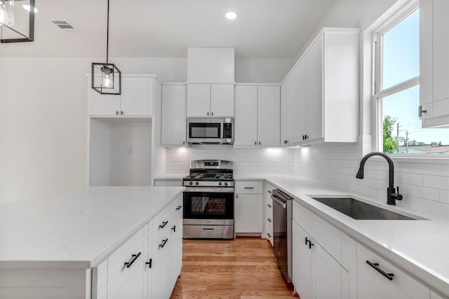 1232 E 23rd St, Houston, TX 77009 - kitchen with appliances with stainless steel finishes, a sink, decorative backsplash, white cabinetry, and recessed lighting