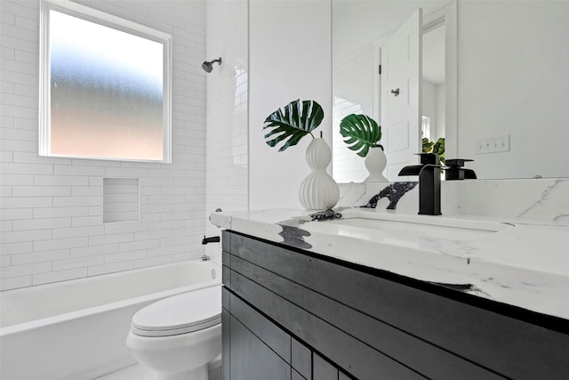 full bath with toilet, vanity, and shower / bathtub combination