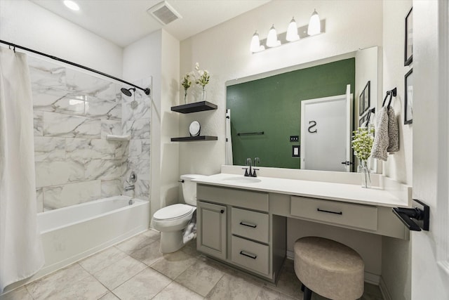 bathroom featuring shower / bath combination with curtain, vanity, and toilet