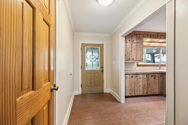 13016 W Burton St, Burton, TX 77835 - doorway to outside with plenty of natural light, crown molding, light tile patterned floors, and baseboards