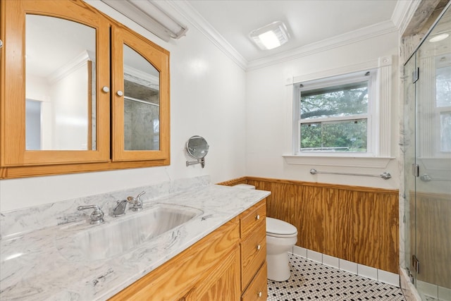 13016 W Burton St, Burton, TX 77835 - bathroom featuring a shower stall, crown molding, wainscoting, toilet, and vanity