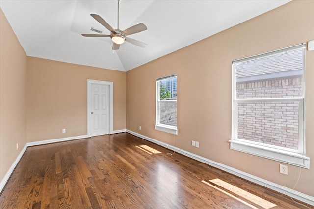5206 Stamper Way, Houston, TX 77056 - empty room featuring vaulted ceiling, a ceiling fan, wood finished floors, and baseboards