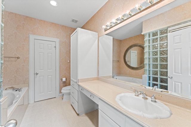 5206 Stamper Way, Houston, TX 77056 - bathroom with toilet, a garden tub, tile patterned floors, and vanity