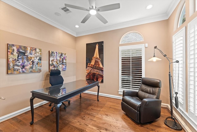 5206 Stamper Way, Houston, TX 77056 - office featuring wood finished floors, ceiling fan, crown molding, healthy amount of natural light, and recessed lighting