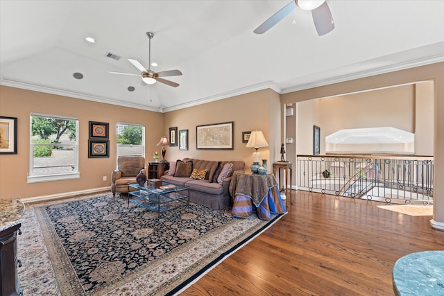 5206 Stamper Way, Houston, TX 77056 - living room with ceiling fan, wood finished floors, ornamental molding, and recessed lighting