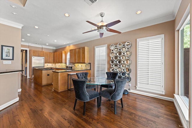 5206 Stamper Way, Houston, TX 77056 - dining room featuring recessed lighting, dark wood-type flooring, a ceiling fan, crown molding, and baseboards
