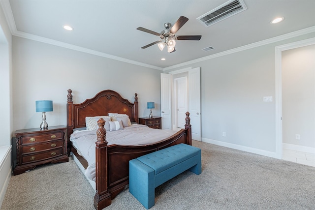 3514 Hampton Landing Ct, Katy, TX 77494 - bedroom featuring carpet, recessed lighting, crown molding, ceiling fan, and baseboards