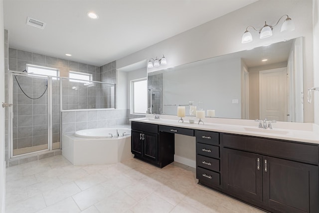 3514 Hampton Landing Ct, Katy, TX 77494 - full bathroom featuring a shower stall, a bath, double vanity, tile patterned floors, and recessed lighting