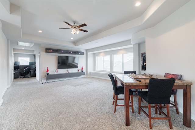 3514 Hampton Landing Ct, Katy, TX 77494 - carpeted dining room featuring a raised ceiling, a ceiling fan, recessed lighting, attic access, and baseboards
