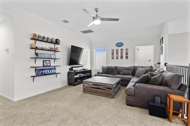 1526 Oakdale Crest Rd, Montgomery, TX 77316 - carpeted living area with plenty of natural light, a ceiling fan, and vaulted ceiling