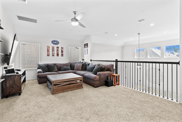 1526 Oakdale Crest Rd, Montgomery, TX 77316 - carpeted living area featuring a ceiling fan, healthy amount of natural light, and recessed lighting