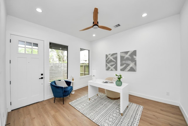5520 Chapman St, Houston, TX 77009 - office area with light wood-type flooring, ceiling fan, baseboards, and recessed lighting