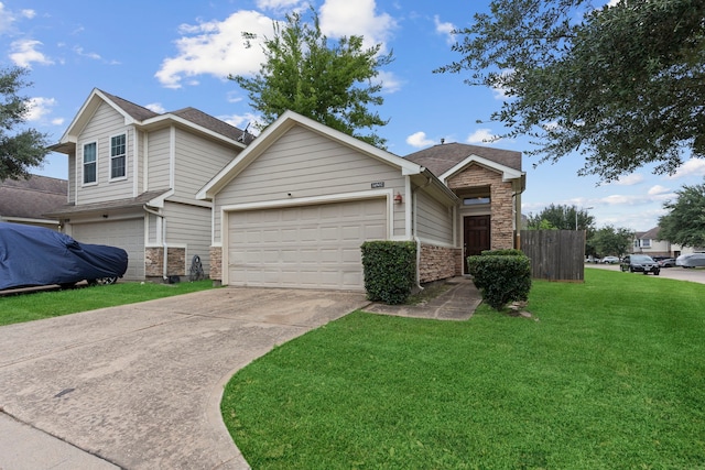 14502 Windmill Meadows Ct, Houston, TX 77082 - view of front of home with stone siding, concrete driveway, a garage, and a shingled roof