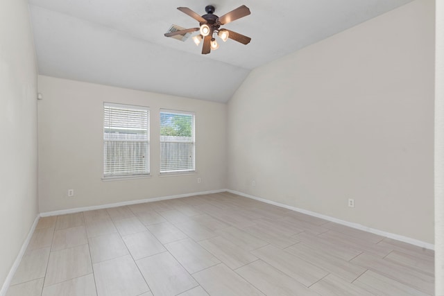 14502 Windmill Meadows Ct, Houston, TX 77082 - empty room with ceiling fan, lofted ceiling, and baseboards