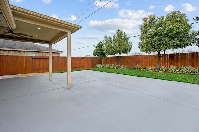 view of patio / terrace featuring a fenced backyard and ceiling fan